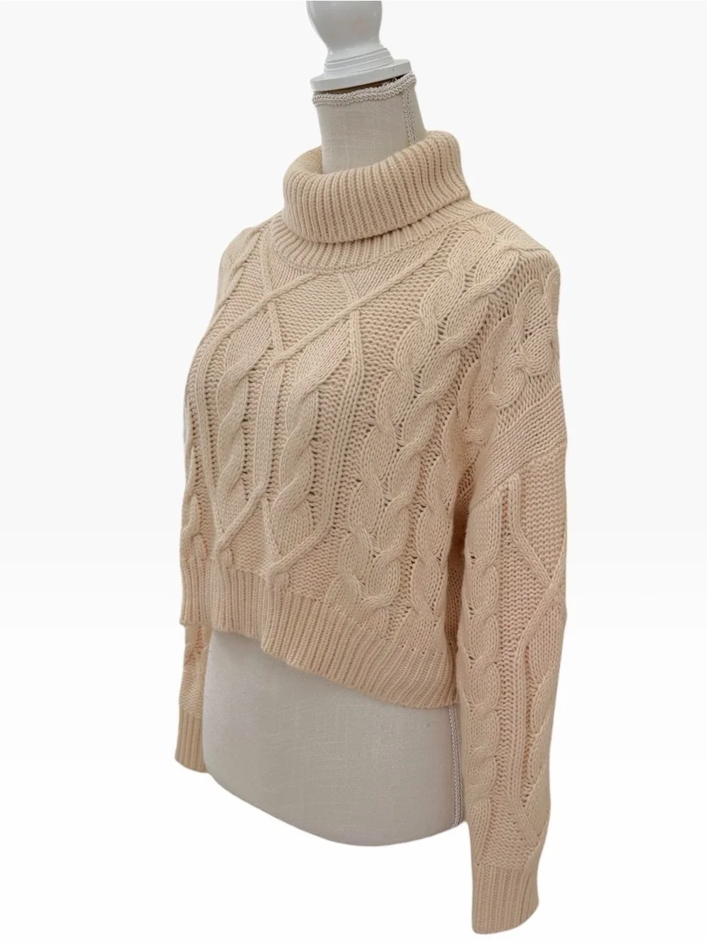 FORE Women’s Beige Chunky Cable-Knit Cropped Turtleneck Sweater Size M